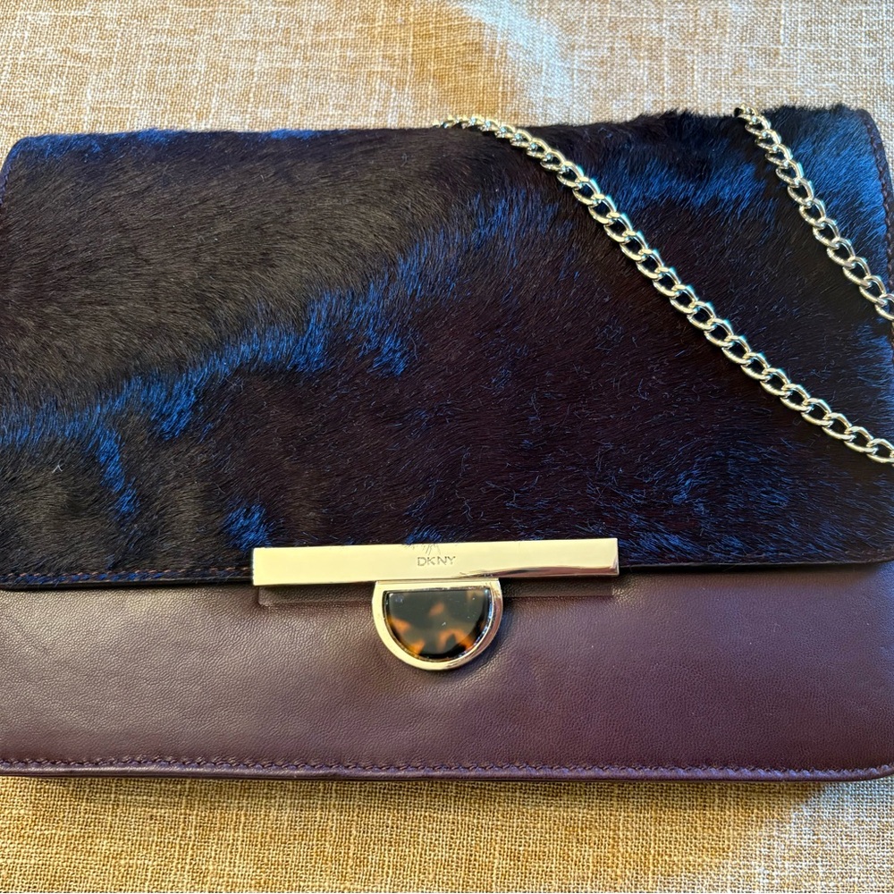 DKNY Burgundy Calf Hair and Leather Clutch or Shoulder Bag